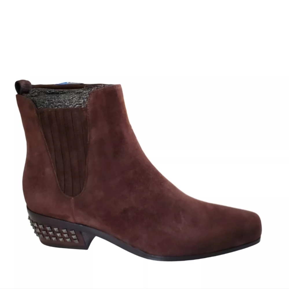 Donald J Pliner Milann Studded Heel Leather Bootie Dark Brown Kid Suede 6.5